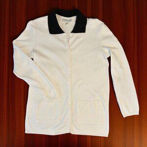 vtg Charles Keath white cotton cardigan w/ black collar